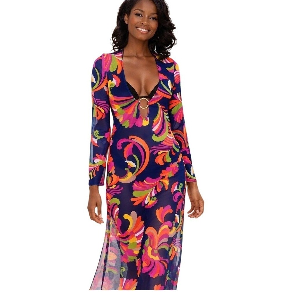 Trina Turk Sheer Abstract Print‎ Swimsuit Cover-Up Dress Multicolor Resortwear